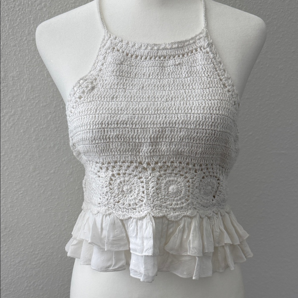 American Eagle Outfitters White Ruffled Crop Tank Top